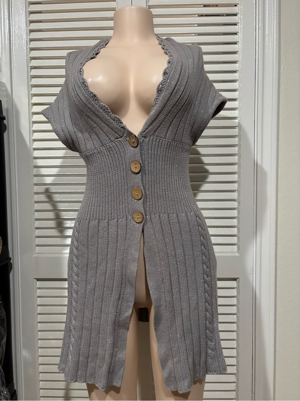 Sleeveless Gray Ribbed Button-Front Midi Dress